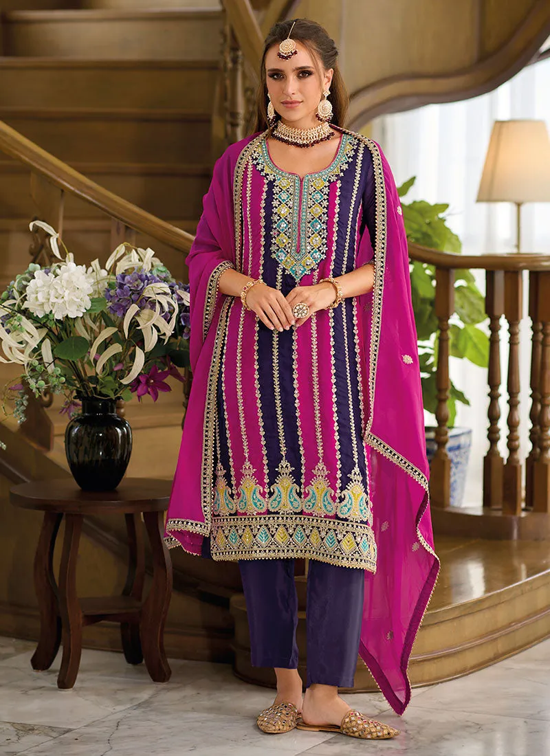 Purple And Pink Thread Embroidery Pant Style Suit