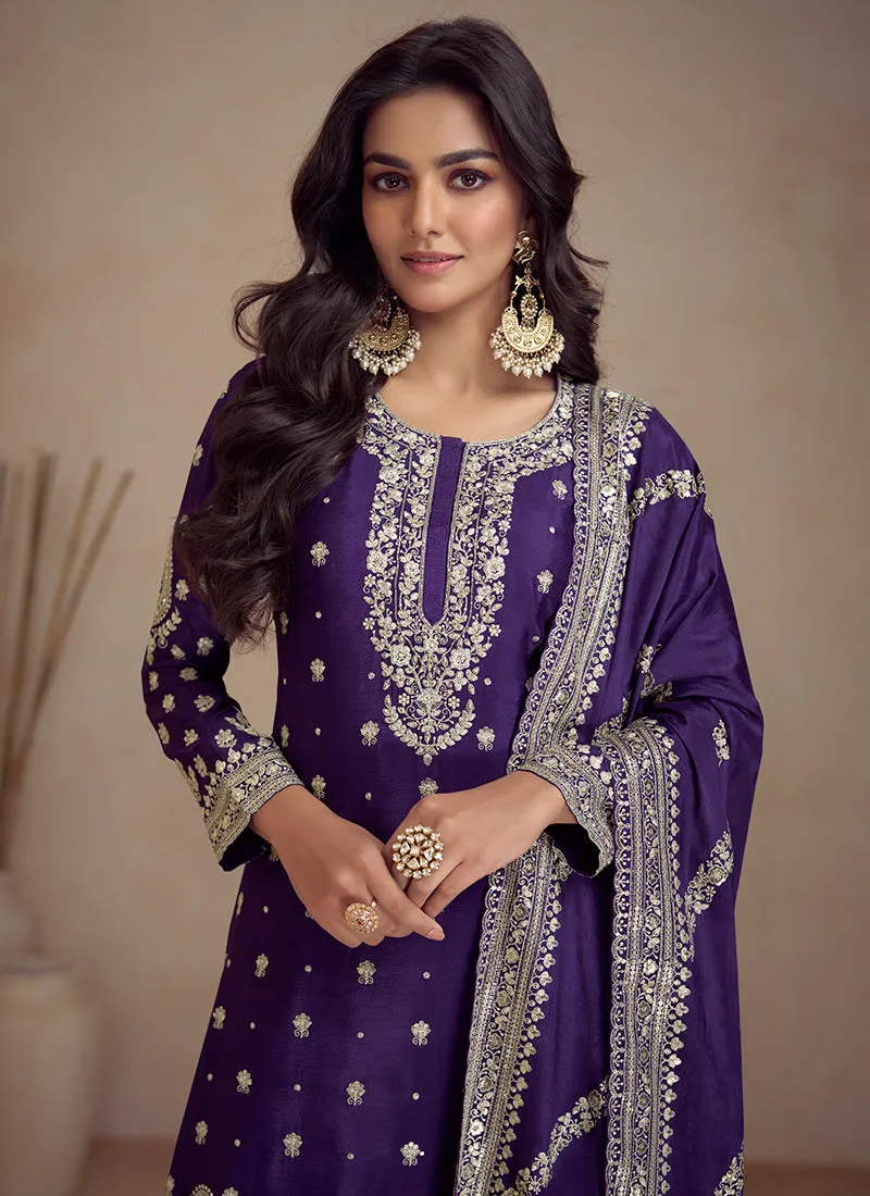 Purple Embroidery Designer Sharara Suit