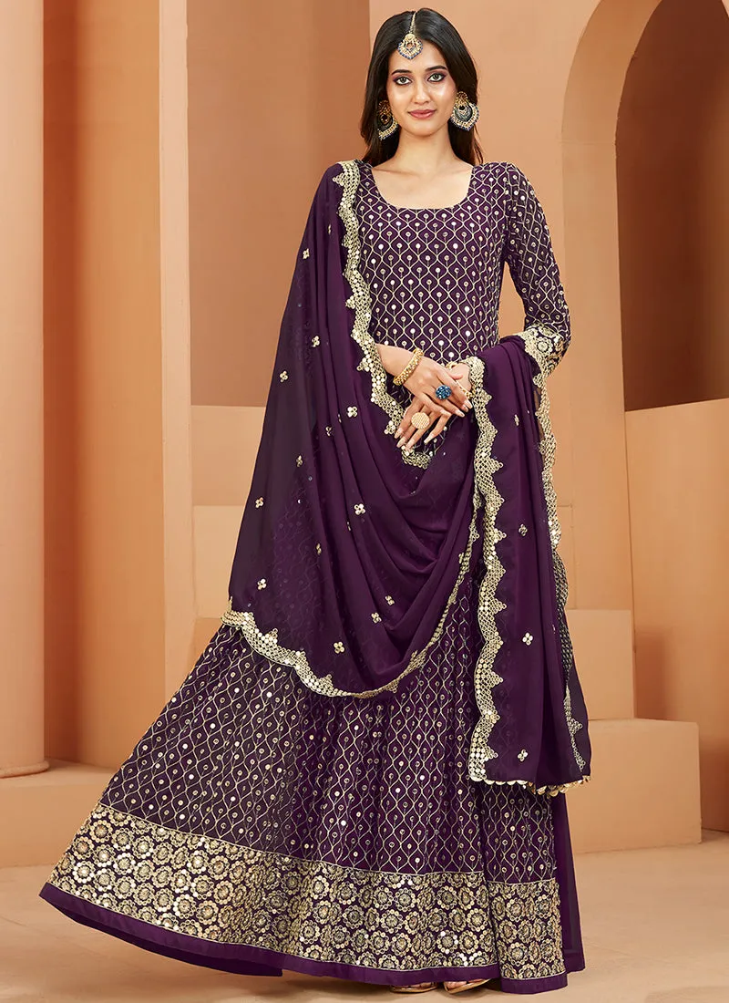 Purple Mirror Work Embroidery Wedding Anarkali Suit