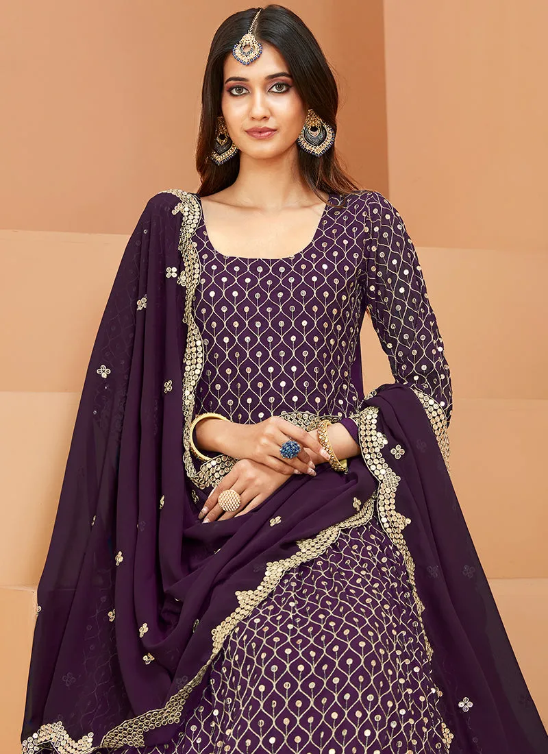 Purple Mirror Work Embroidery Wedding Anarkali Suit