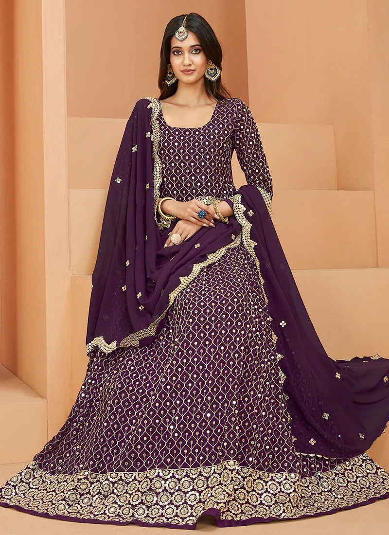 Purple Mirror Work Embroidery Wedding Anarkali Suit