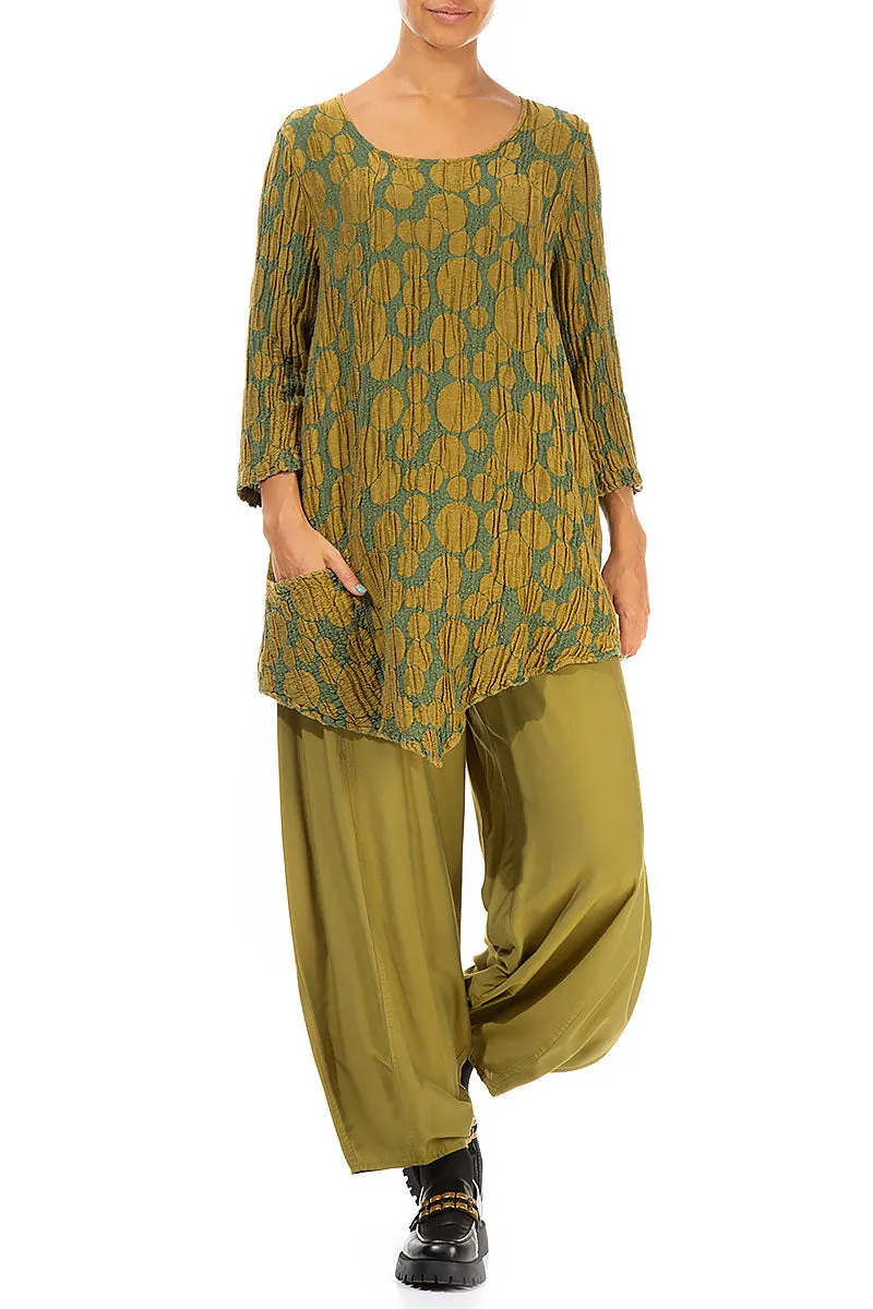 Side Pocket Golden Olive Circle Silk Linen Tunic