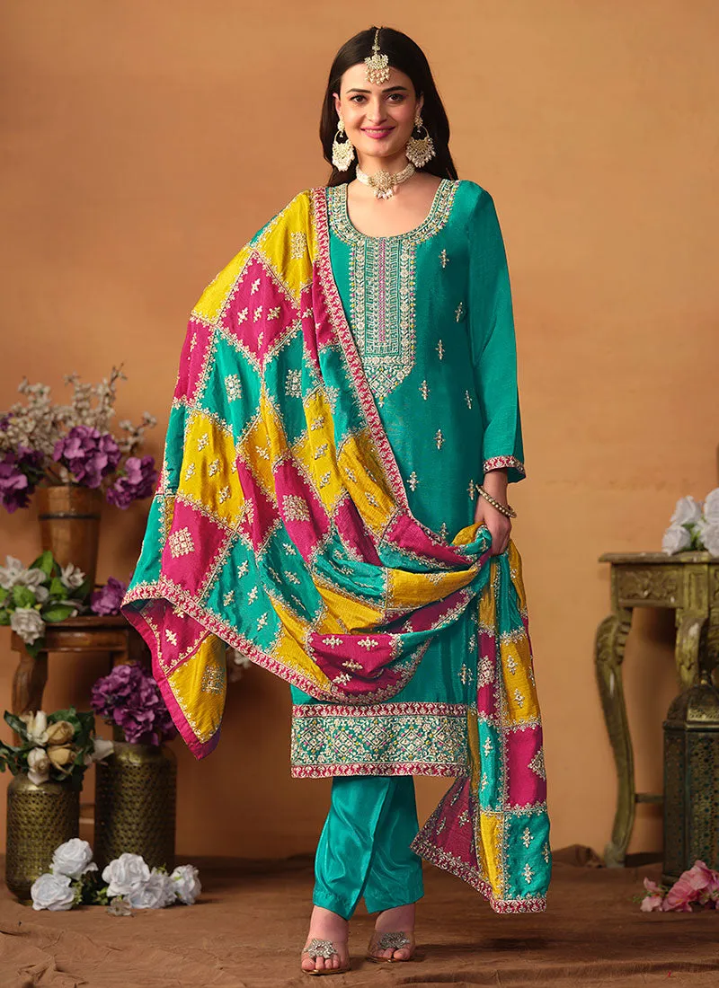 Teal Blue Multi Embroidery Traditional Pant Suit