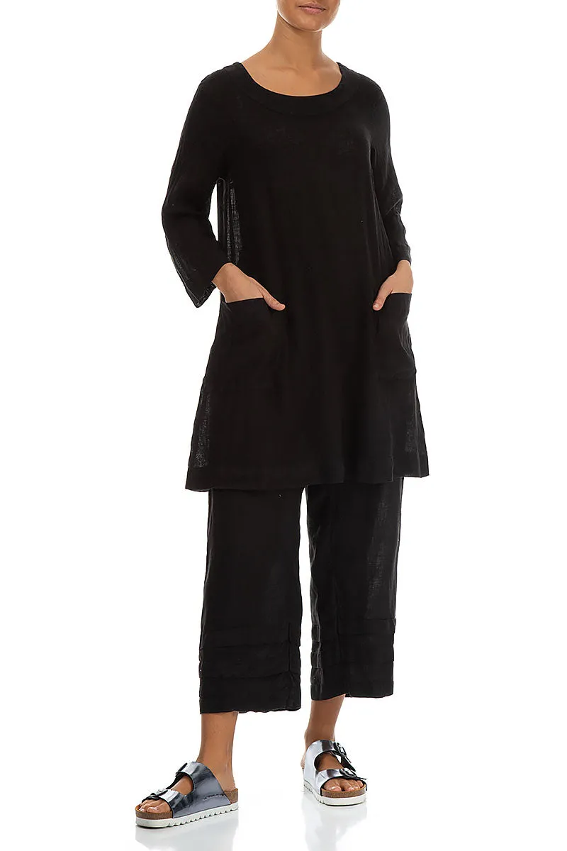 Two Pockets Black Gauze Linen Tunic