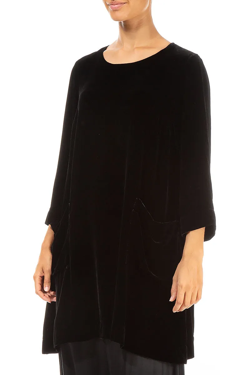 Two Pockets Black Silk Velvet Tunic