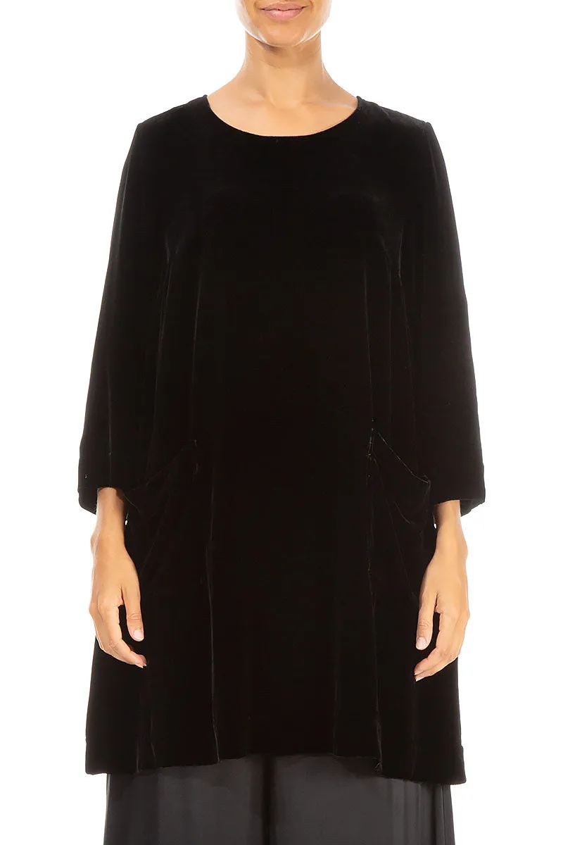 Two Pockets Black Silk Velvet Tunic