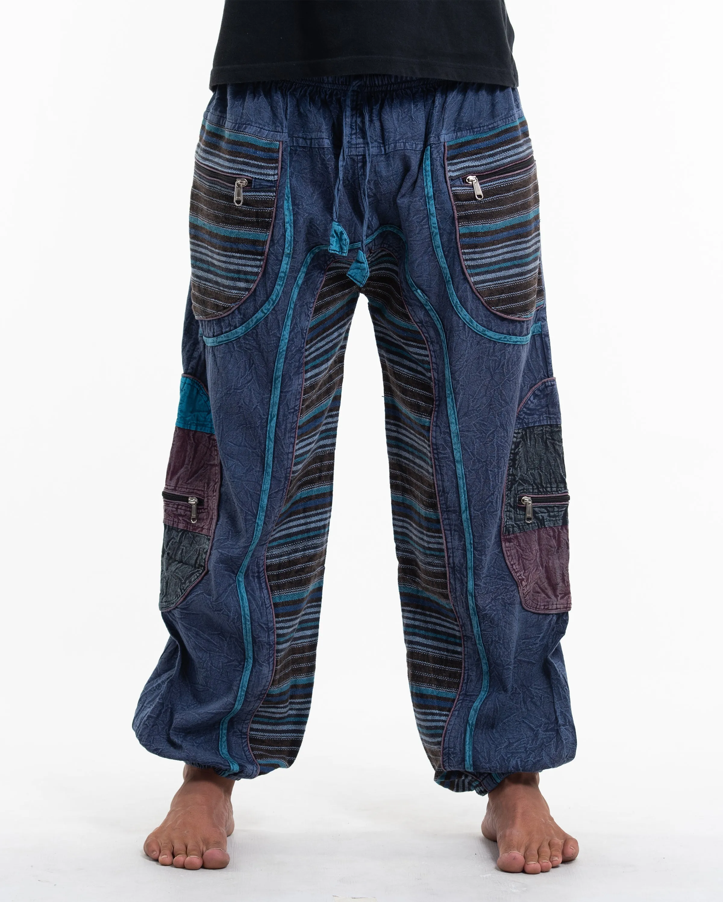 Unisex Patchwork Stone Washed Cargo Cotton Pants in Navy 06