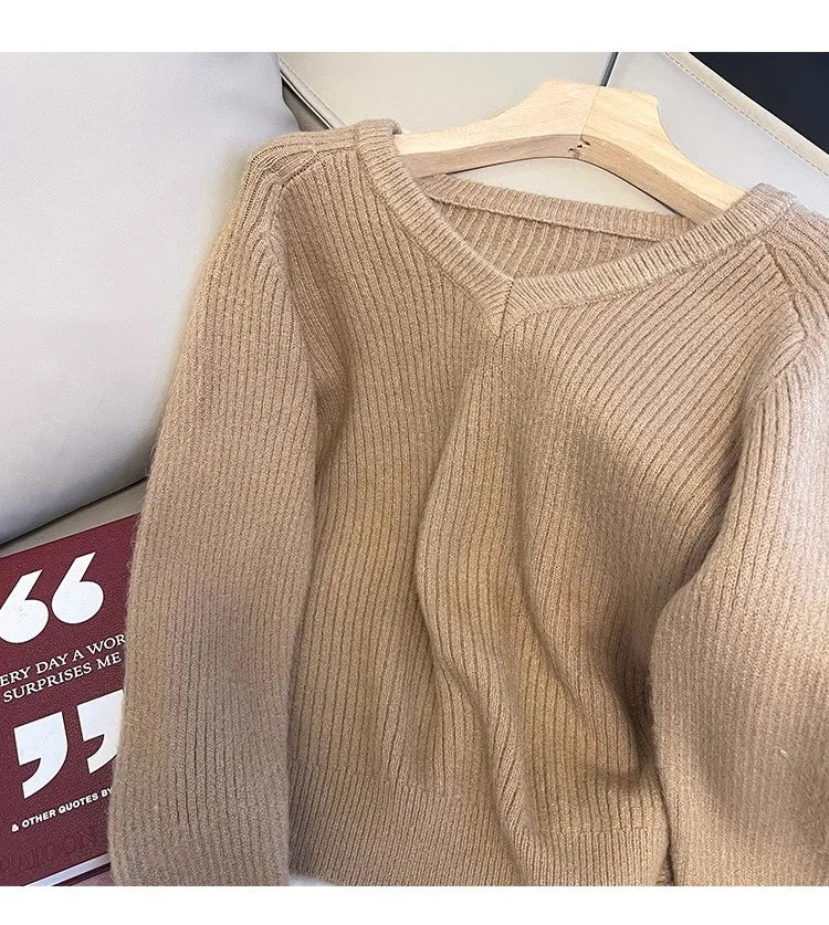 V-neck long-sleeved sweater for women solid color soft sweater    S4865