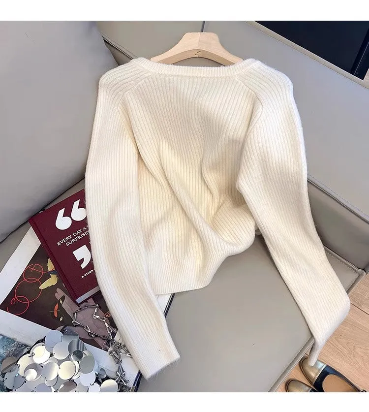 V-neck long-sleeved sweater for women solid color soft sweater    S4865