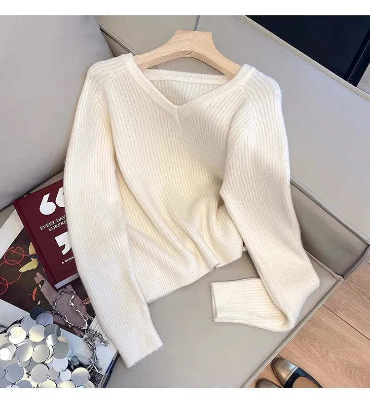 V-neck long-sleeved sweater for women solid color soft sweater    S4865