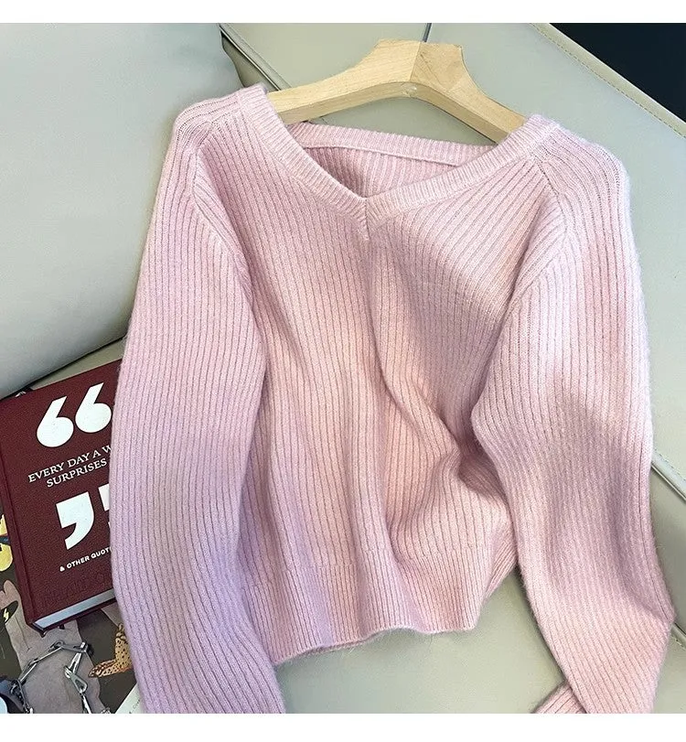 V-neck long-sleeved sweater for women solid color soft sweater    S4865