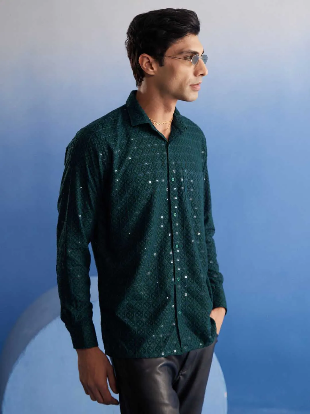 VASTRAMAY Men's Green Embellished Shirt