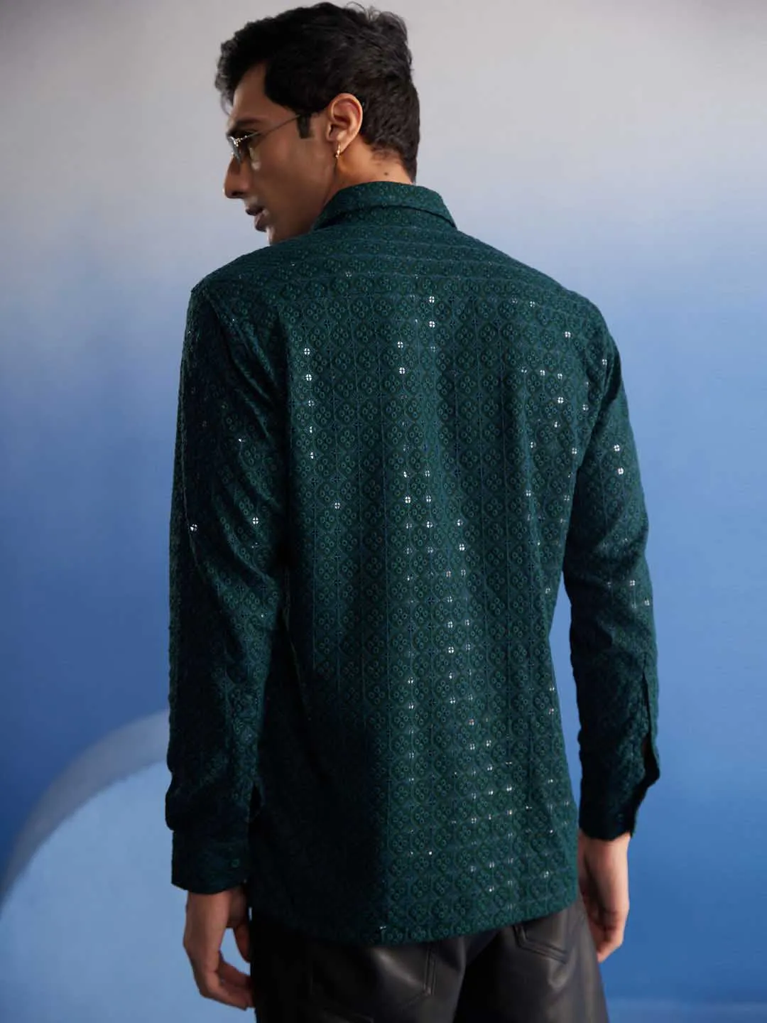 VASTRAMAY Men's Green Embellished Shirt