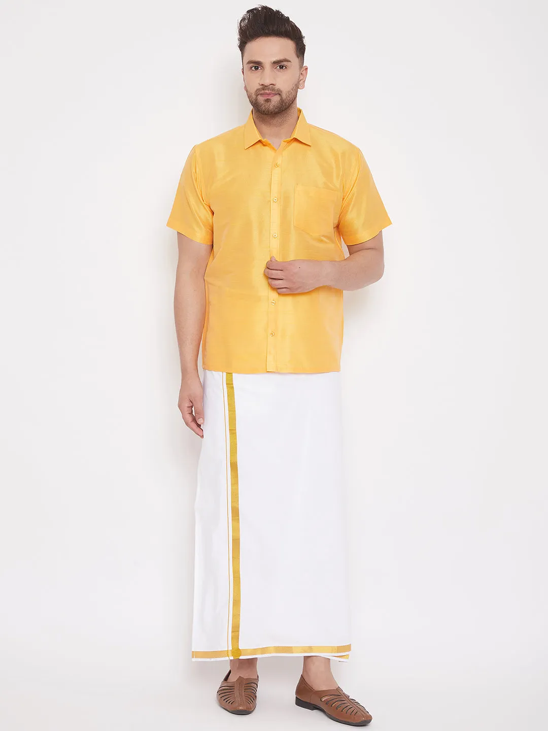 VASTRAMAY Men's Yellow Silk Blend Shirt