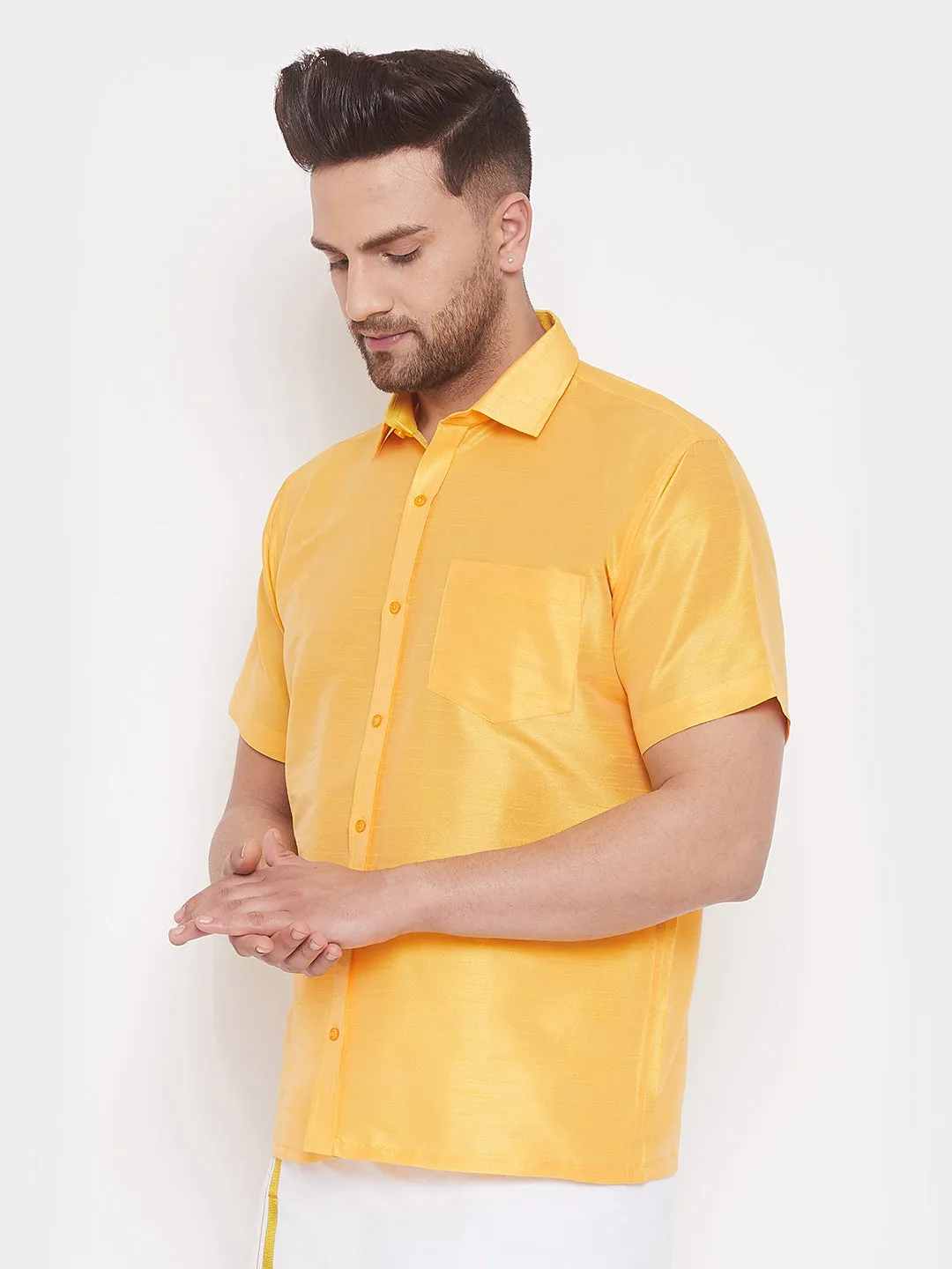 VASTRAMAY Men's Yellow Silk Blend Shirt