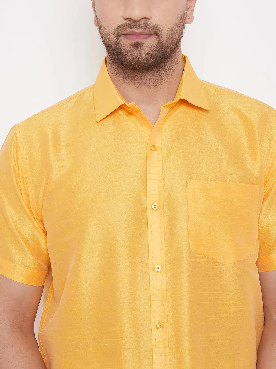 VASTRAMAY Men's Yellow Silk Blend Shirt