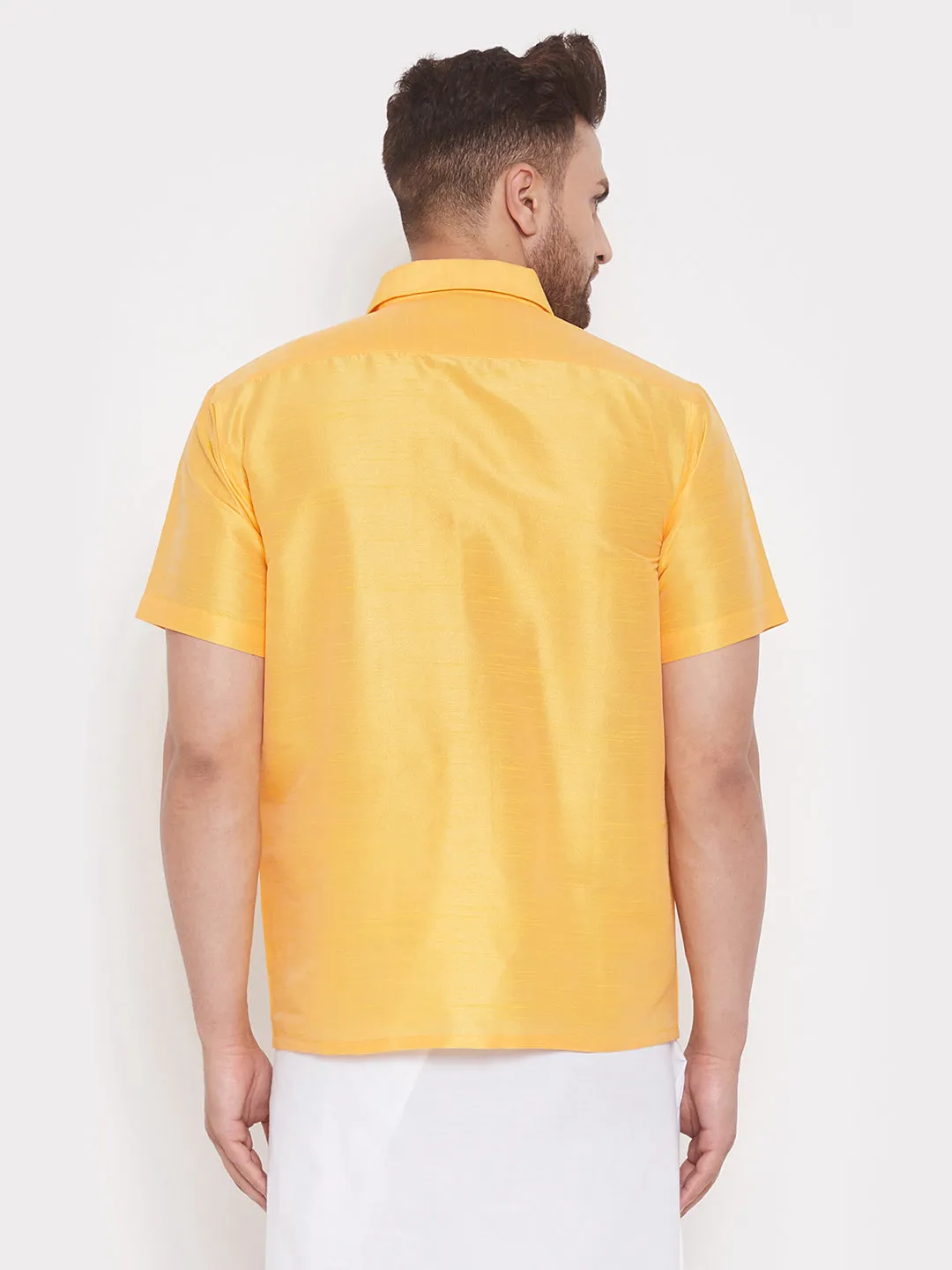 VASTRAMAY Men's Yellow Silk Blend Shirt