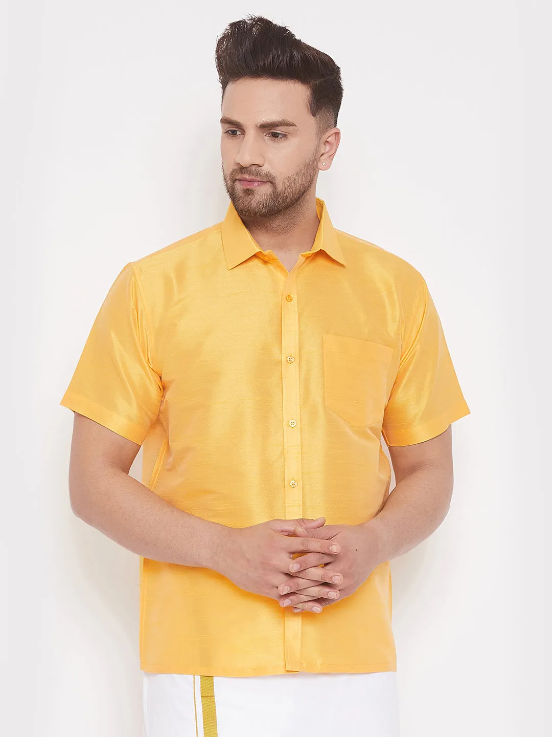 VASTRAMAY Men's Yellow Silk Blend Shirt