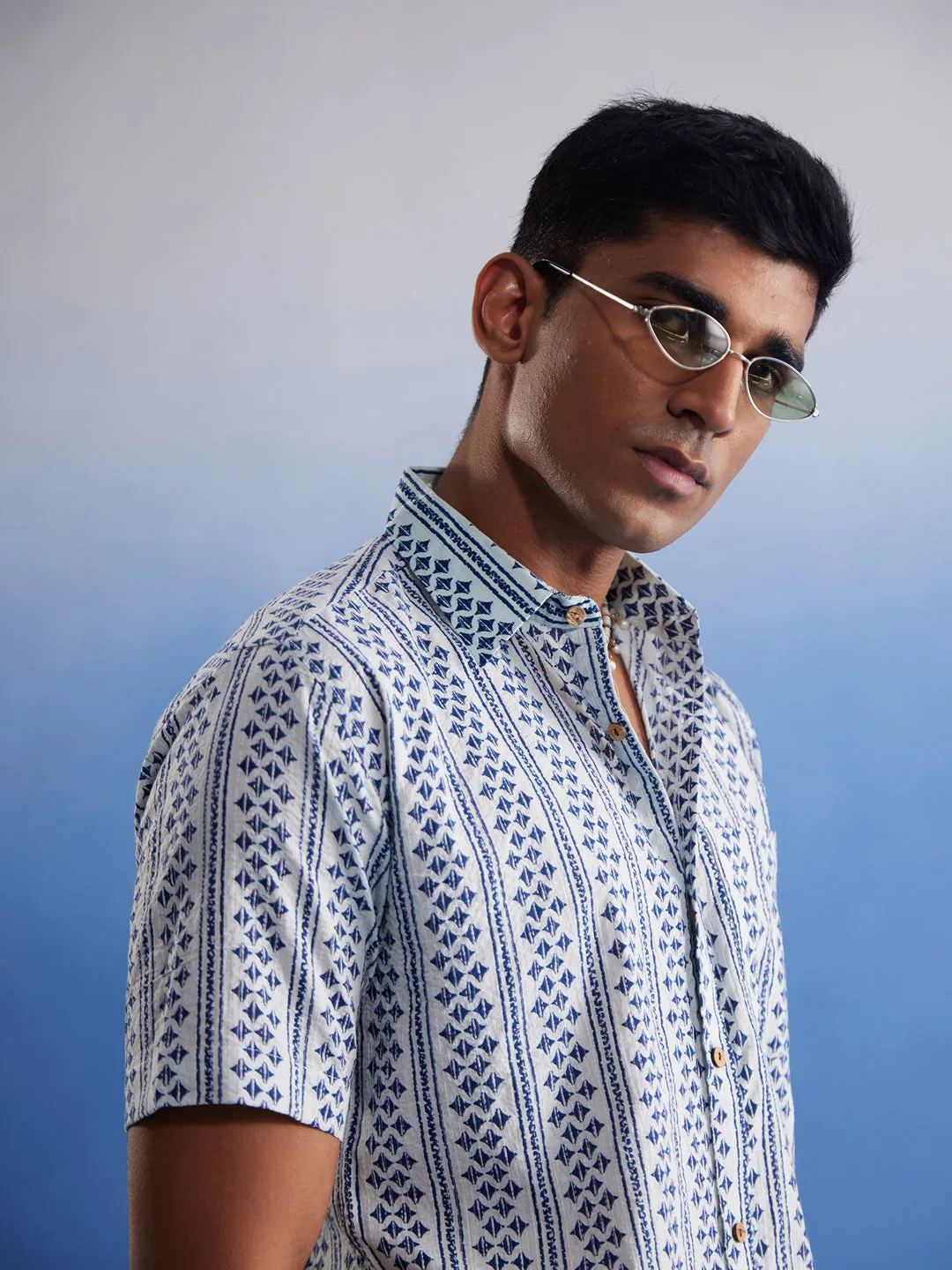 Vastramay White Blue Kantha Stitch Shirt