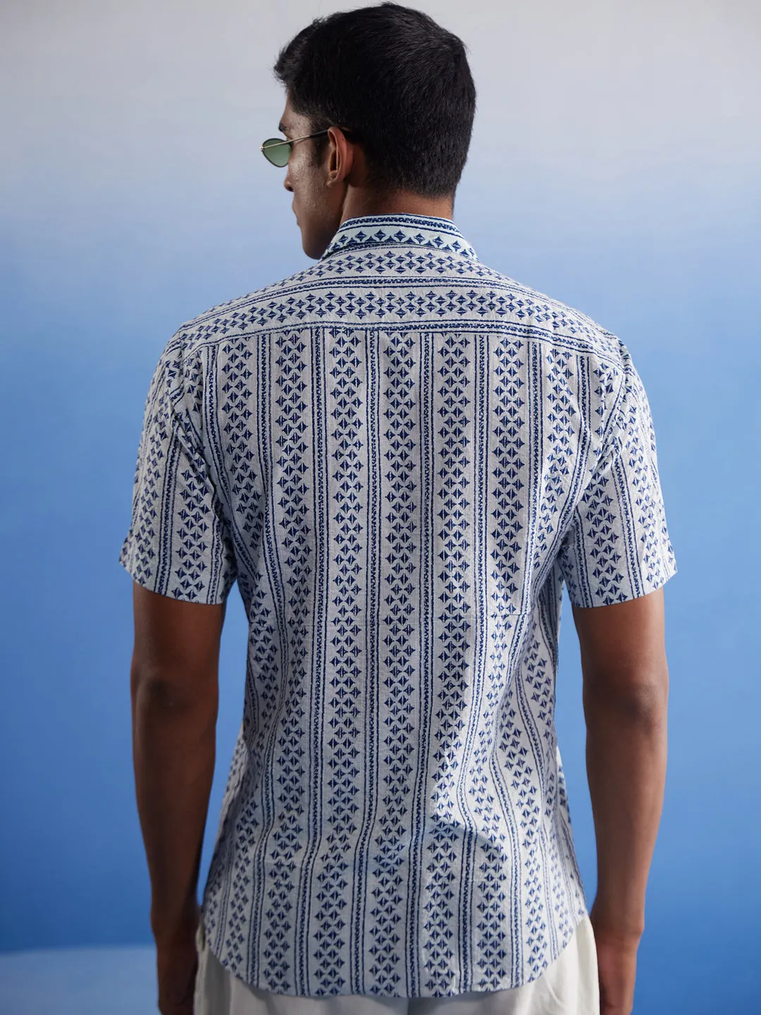 Vastramay White Blue Kantha Stitch Shirt