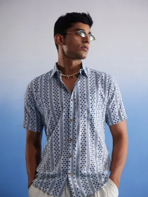 Vastramay White Blue Kantha Stitch Shirt