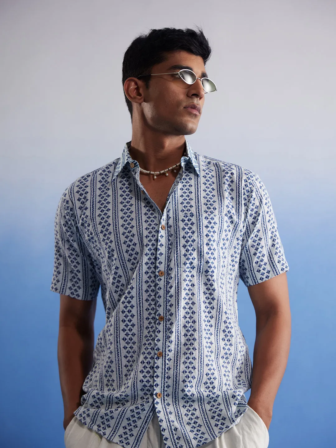 Vastramay White Blue Kantha Stitch Shirt