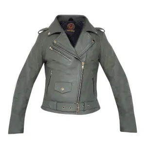 Warrior Gears® Brando Style Ladies Leather Motorcycle Jacket -Grey